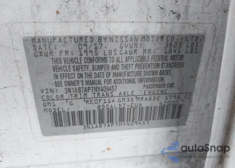 2017 Nissan Sentra S/Sv/Sr/Sl from USA, damaged, VIN 3N1AB7AP7HY409457